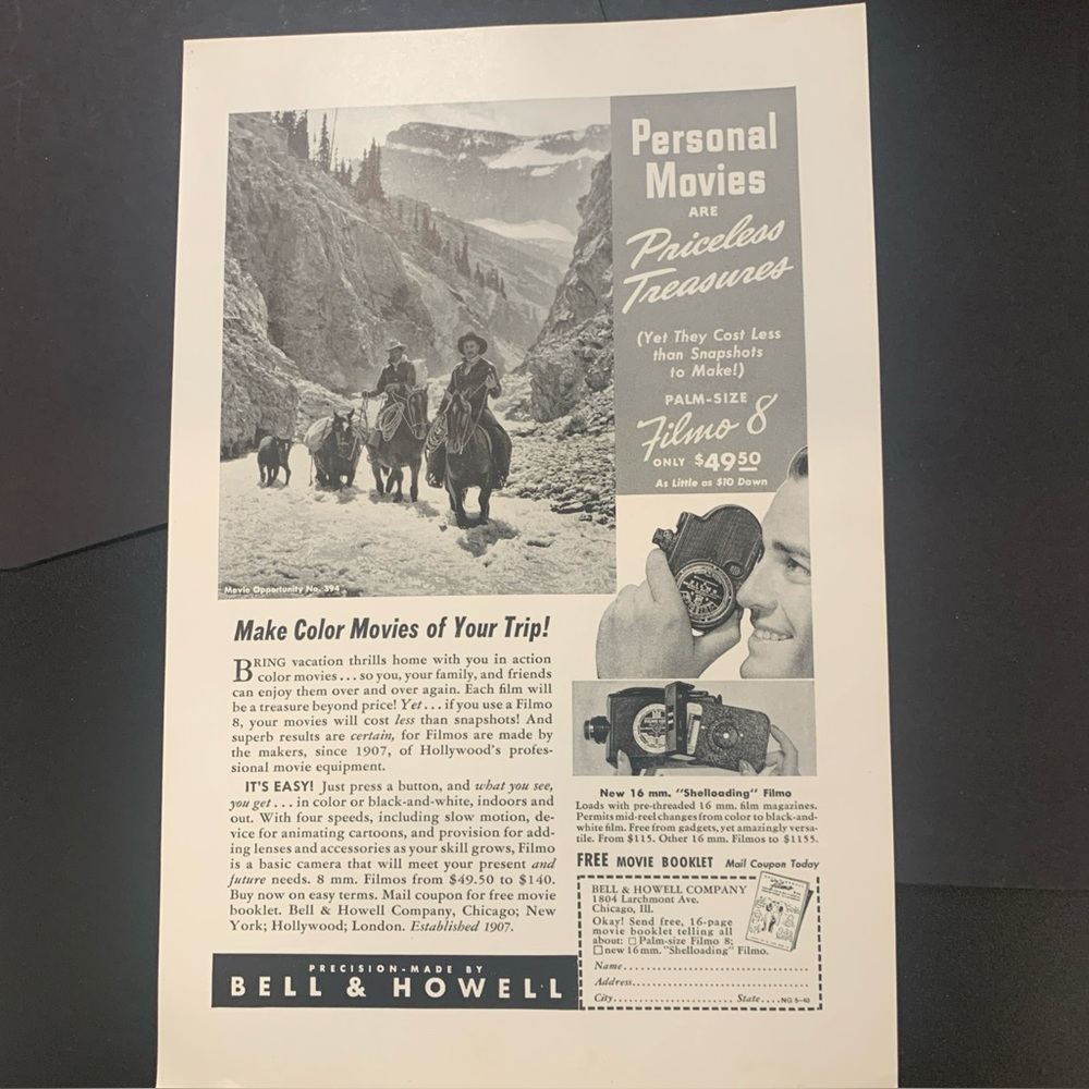 Vintage 1940 Bell & Howell Personal Movies Ad Advertisement